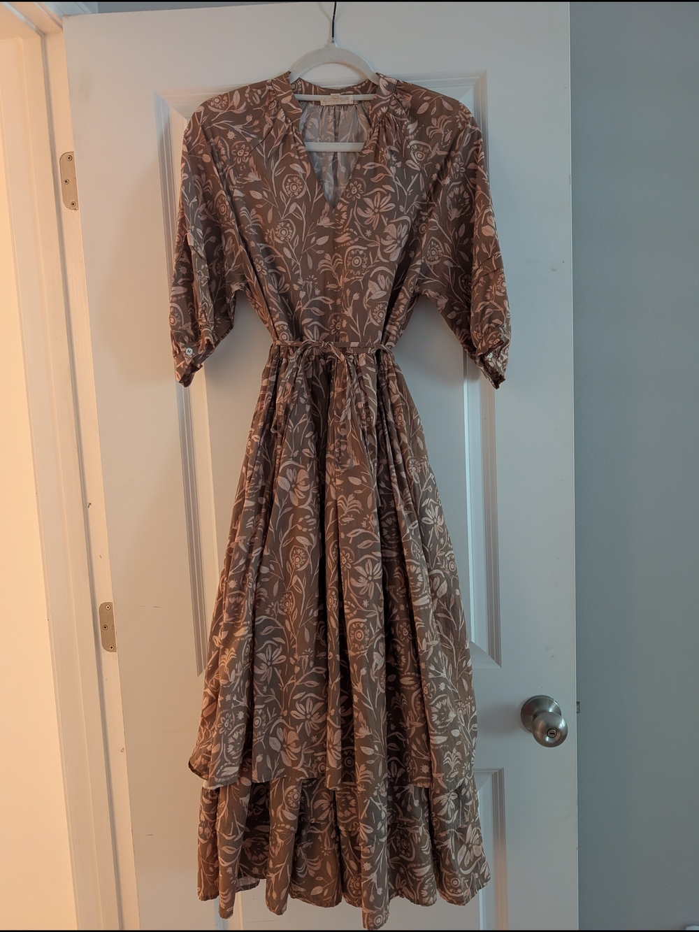 Upscale Boutique Floral Print Brown Tiered Midi Dress with Tie Waist